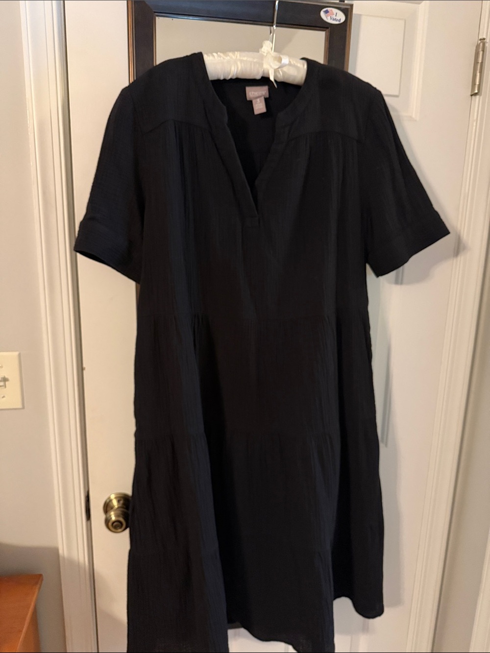 Chico's Black Gauze Short-Sleeve Midi Tiered Dress size 3 or 16
